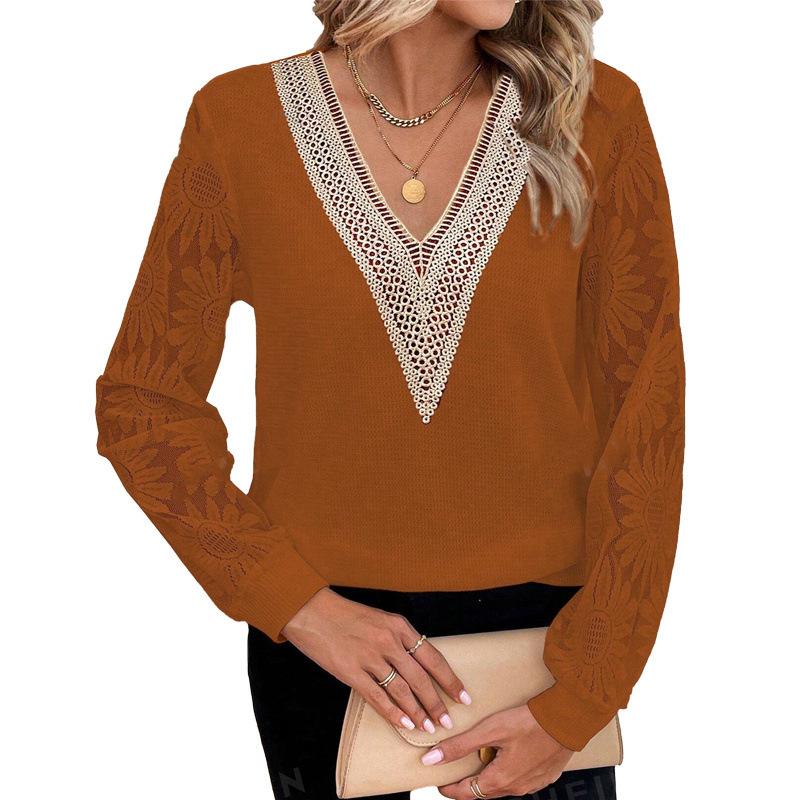 Stylowa koronkowa wydrążona koszula z łatkami damska z dekoltem w serek i długim rękawem, wiosenno-jesienna, jednokolorowa bluzka