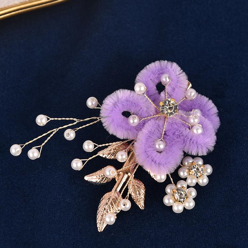 

1PC Handmade Elegant Antique Style Bride Flowers Duckbill Clip Hair Clip Multiple Colors Leaves Fashion Pearls Plush темно-фиолетового