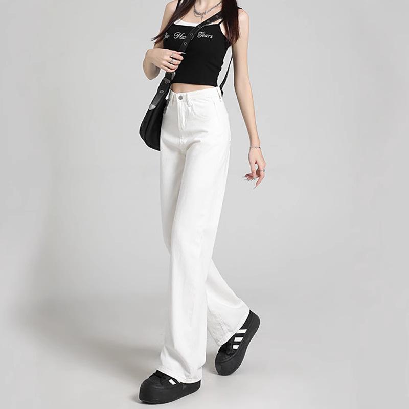Dámské zeštíhlující bílé džíny s vysokým pasem - Kolekce jaro/léto 2025, Drobné kalhoty s širokými nohavicemi splývavé délky až na zem