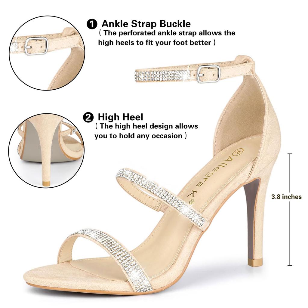 Allegra K Strappy Sandals with Rhinestones, High Heels, Stiletto Heels, Women's, Beige, Size 24.5cm