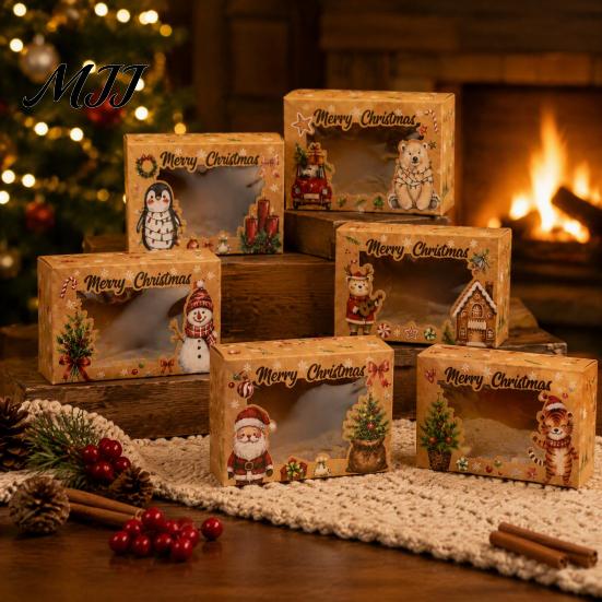 Holiday Snack Boxes 6Pcs Christmas Paper Gift Boxes, Xmas Color Printed Foldable Cookie Treat Present Wrapping Bakery Packaging for Desserts, Candies,