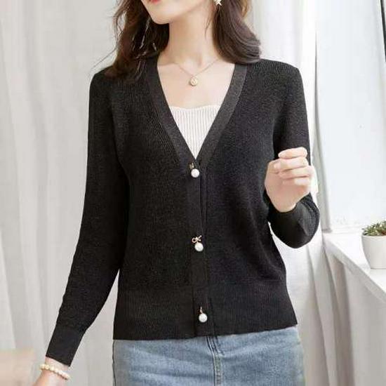 Women's Fashionable V-Neck Silk Knit Jacket - Lightweight, Short, Loose, Versatile, & Bright Sunscreen Shawl.
