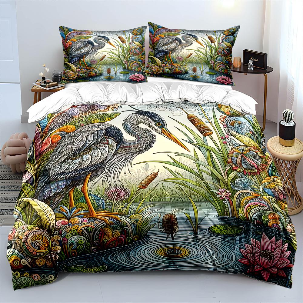 Colorful Heron and Lakeside Plants Print Soft Comfortable Duvet Cover Bedding Set Included 1*Duvet Cover 2*Pillowcases