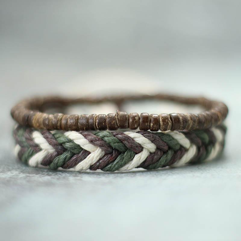 2Pcs Mens Bracelet Set Natural Wood Braclet Handmade Weaven Macrame Braslet Volcanic Rock Tiger Eyes Stone Beaded Brazalete