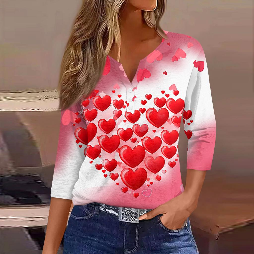 Camiseta feminina com estampa de botão, manga 3/4, moda diária de fim de semana, básica, decote em V, top regular