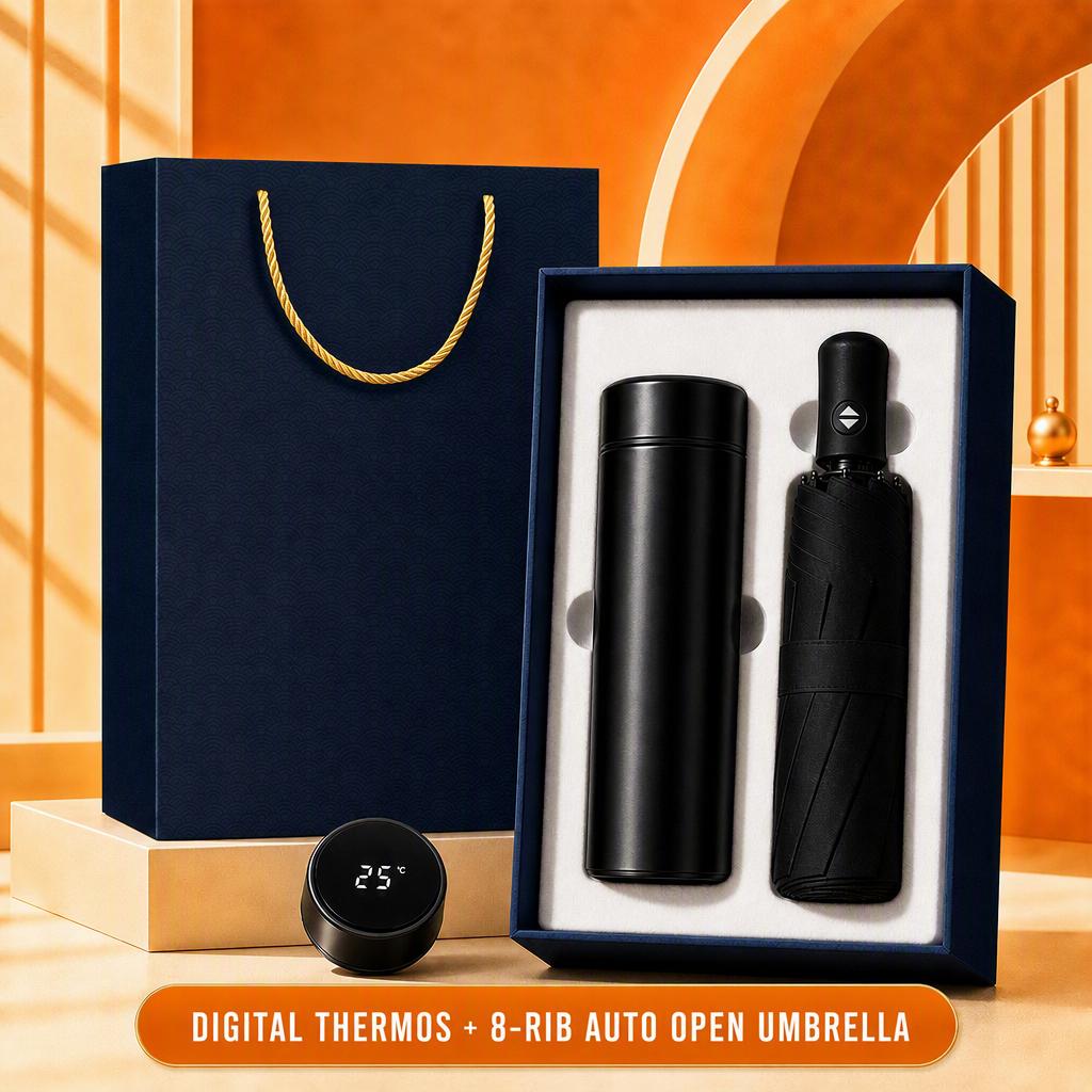 Custom Logo 7-in-1 Business Gift Set Power Bank Bluetooth Speaker Vacuum Flask 304 Stainless Steel Silver Gift Box