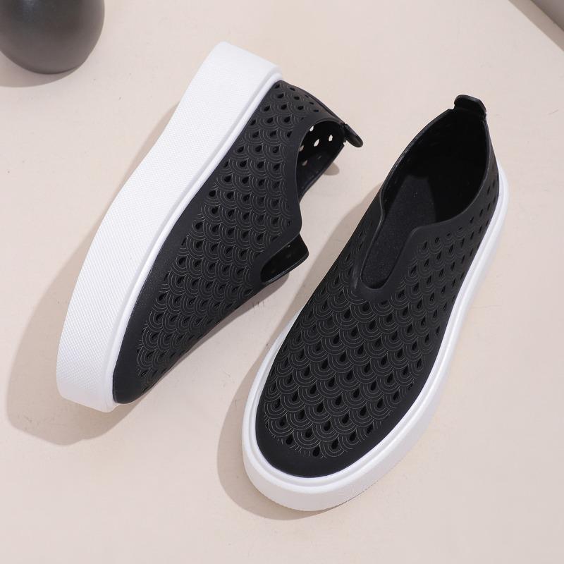 Thick Soled Hollow Breathable Low Top Single Shoe for Women, V-mouth Sponge Cake Set Foot Board Shoes