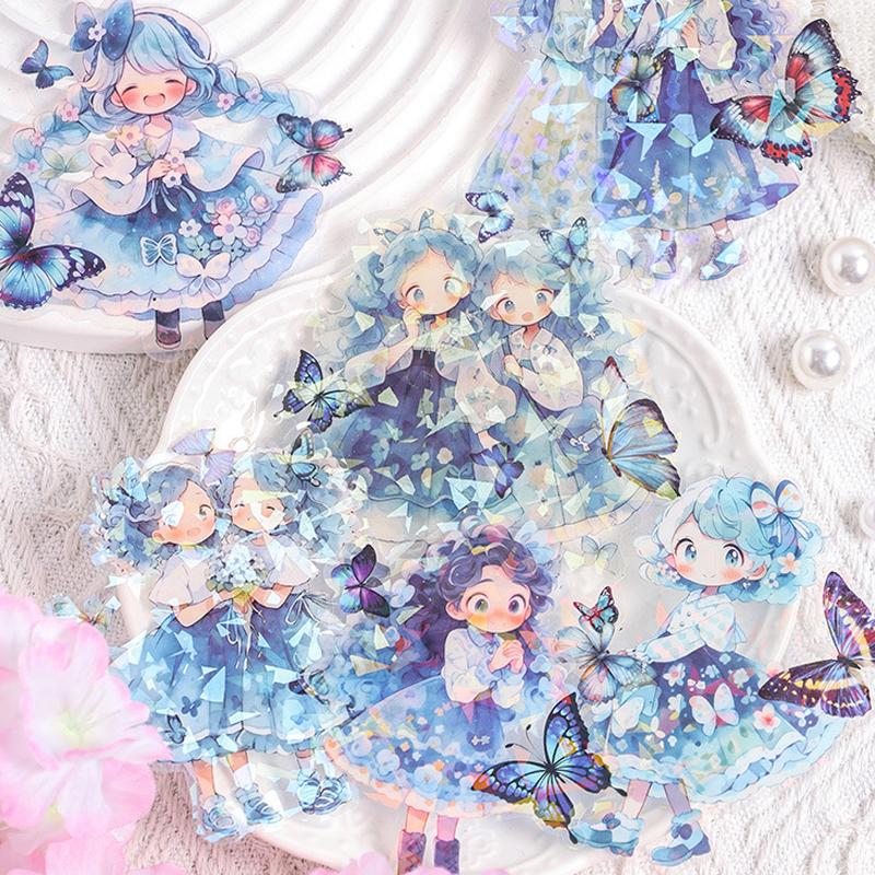 6 pcs Flash laser PET Stickers aesthetic Kawaii Cartoon Girl Decorative collage Diary Album Adhesive Diy Scrapbooking material