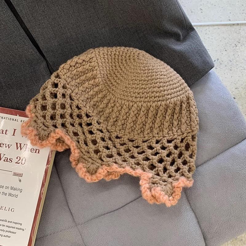 Blue Knitted Wool Cap Women Spring Korean All-match Forest Style Lace Edge Bucket Hat Fashion Big Headband Fisherman Hat