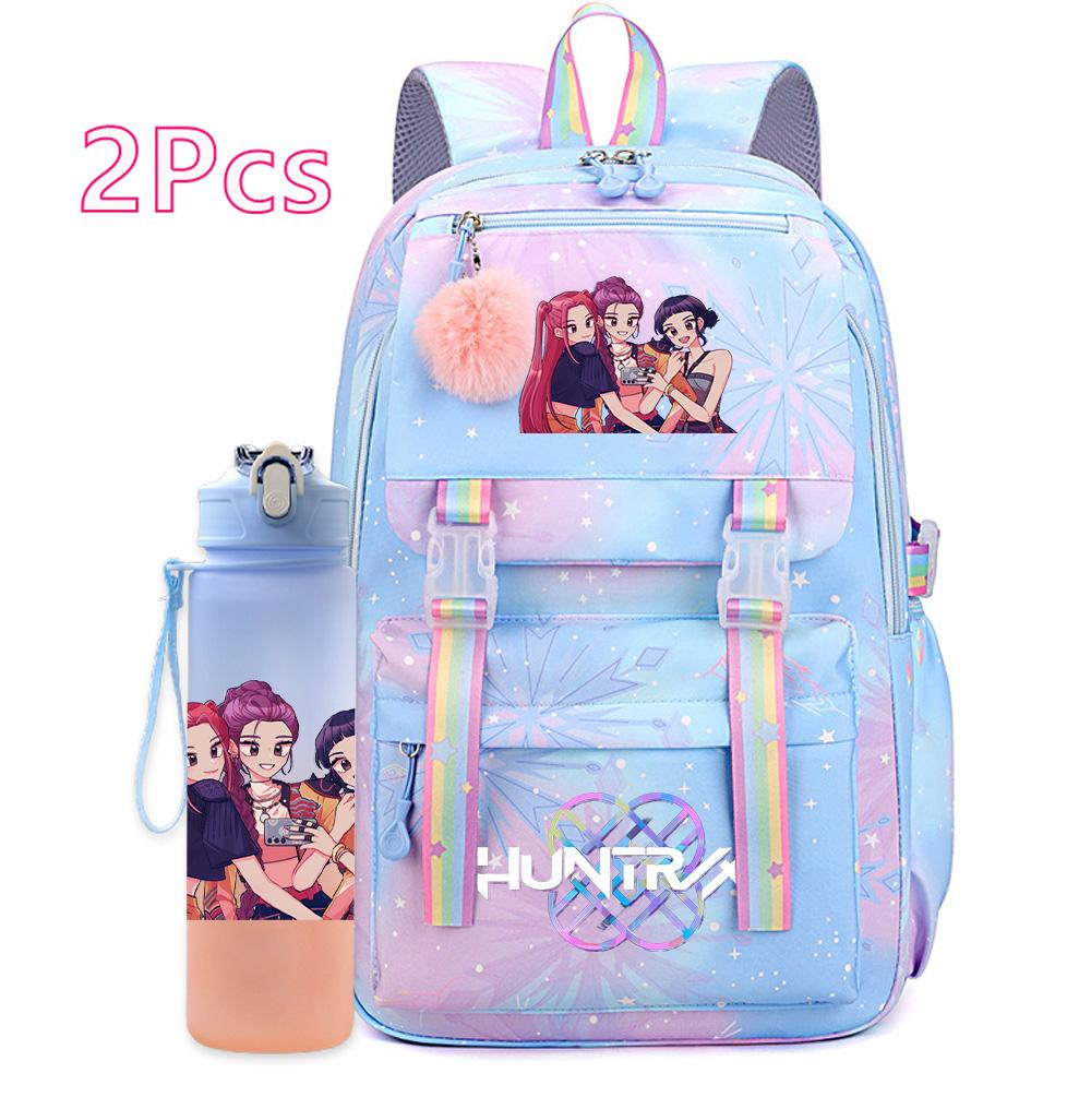 2Pcs/set Anime K-pop Printed Backpack with 750Ml Water Bottler Large Capacity Travel Bag for Teenager Girl Boy Bookbag Kid Gift Large Capacity Bag