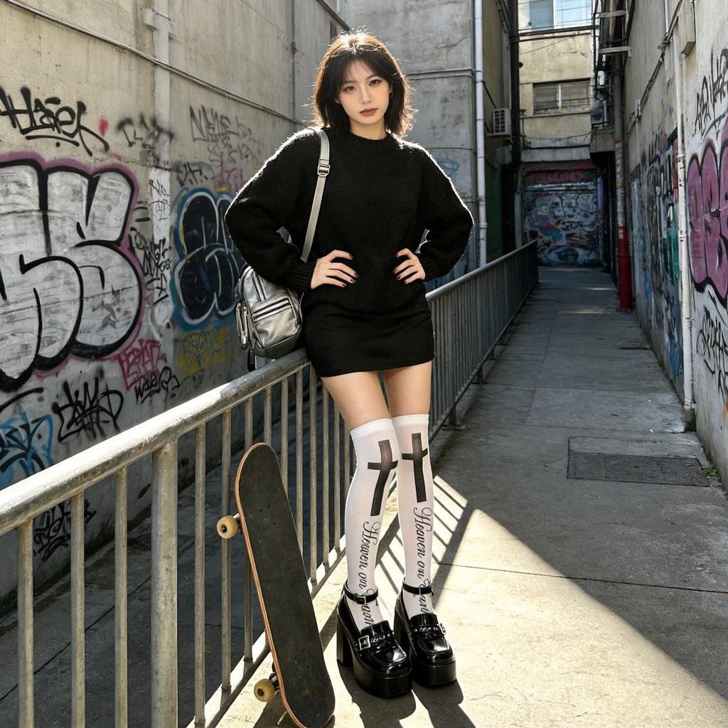 Cross Letter Print Overtheknee Socks With Velvet Fabric For Youth Women