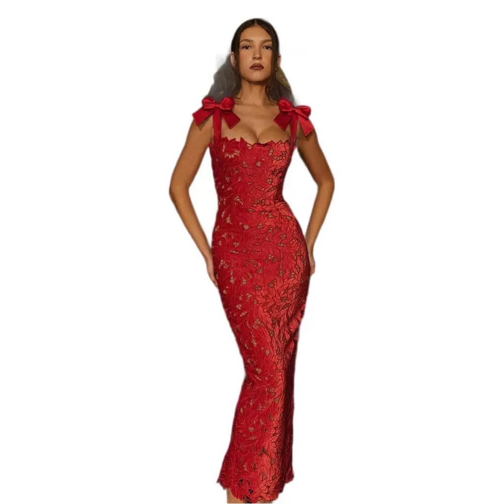 2024 Spring/Summer Strapless Mesh Floral Midi Dress for Vacations, Photoshoots, & Parties