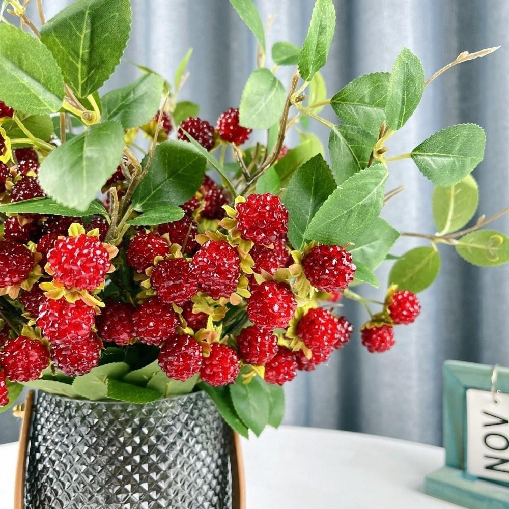 Green Leaves Artificial Raspberry Branch Faux Red Raspberry Plastic Mulberry Fruit Plants Luxury Elegant Fake Plants Gift
