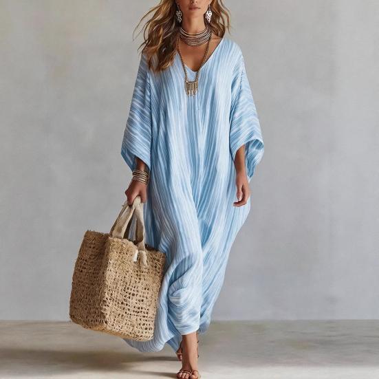 Women's Summer Striped Maxi Dress Loose Fit V-Neck 46085 Sleeve Boho Long Dress Casual