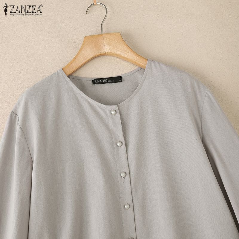 ZANZEA Damen Freizeit Rundhals Einfarbig 3/4 Ärmel Bluse