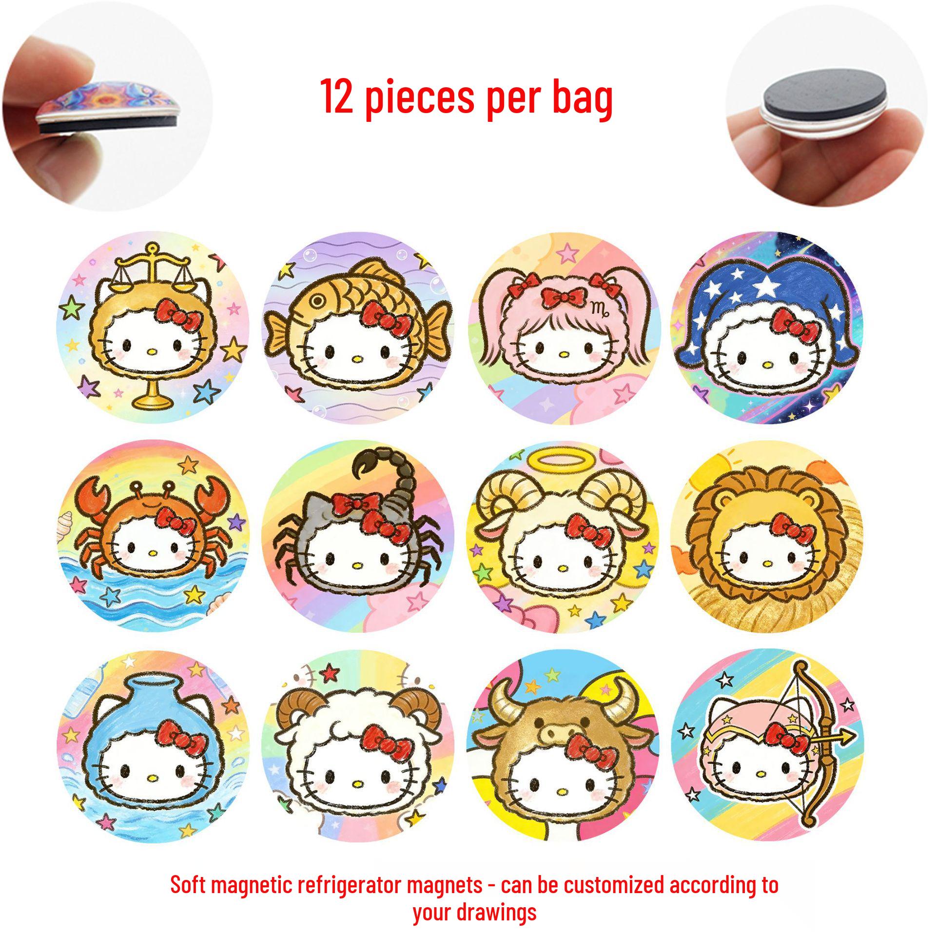 

Hand-painted Cute Cartoon Zodiac KT Cat Glass Refrigerator Magnet Home Decor 25mm Set of 12