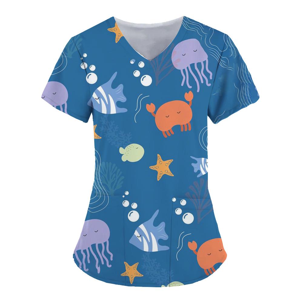 Marine life patterns Healthcare Uniform Nurse Clinic Nursing Workwear Hospital T-shirt Fashion Short Sleeve Blouse Women Medical
