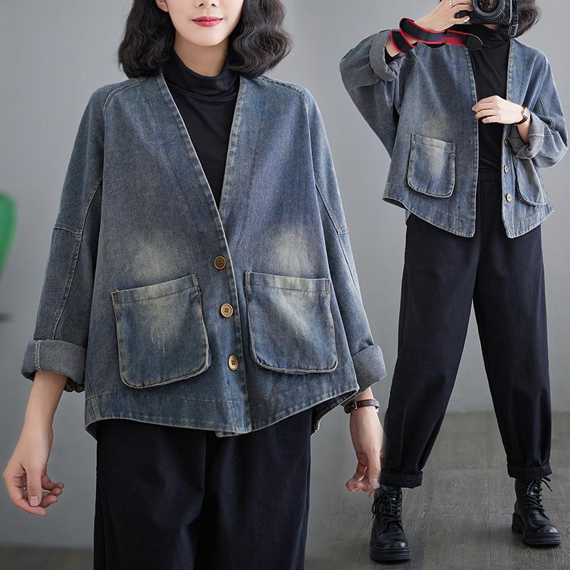 2026 Spring Autumn Shirt Denim Coat Casual Long Sleeve V-Neck Shirt Women Buttons Loose Solid Color Patchwork Design Vintage Tops