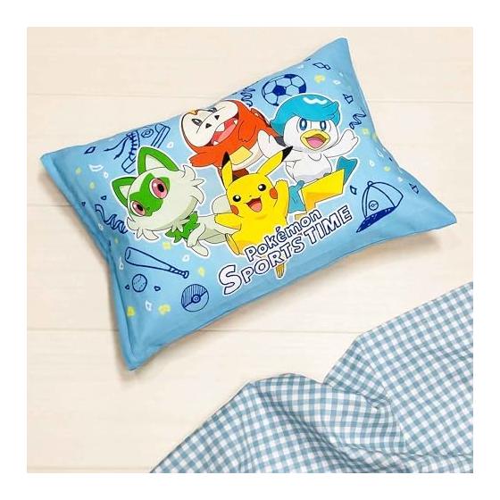 MORIPiLO Children's Pillow Low Pokemon Pikachu Sports Time Blue Approx. 28x39cm Skin-friendly 100% Cotton Fabric Washable with Cover Stuffed Toy