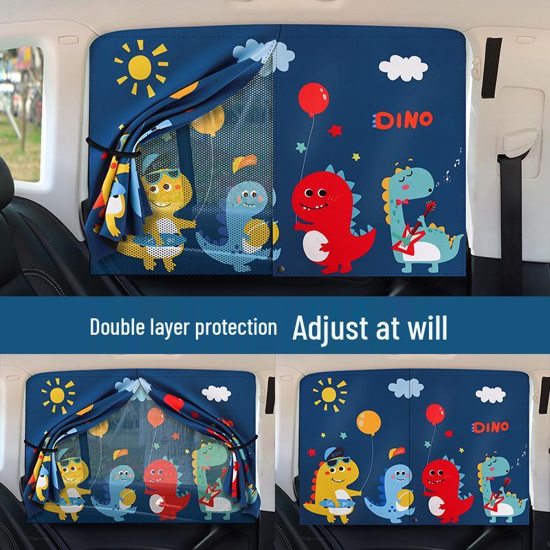 Magnetic Double Layer Dinosaur Sunshade: Child's Car Window Curtain for Sun Protection and Privacy