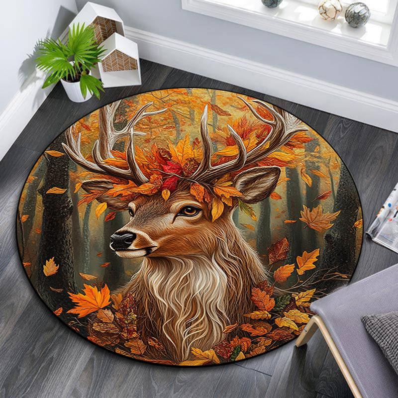 Autumnal Deer Round Area Rug,Carpet Rug for Living Room Bedroom Sofa Playroom Decor,Non-slip Floor Mat