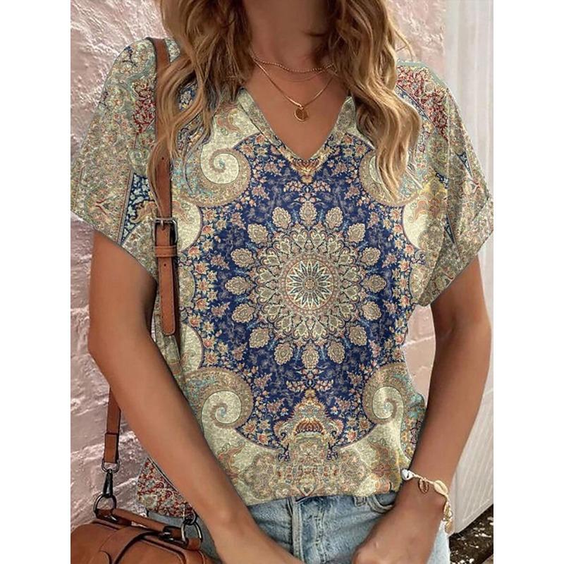 Vintage Medallion Boho Print Casual T Shirt V Neck Short Sleeve Tee For Women Summer Country And Holiday Outfits