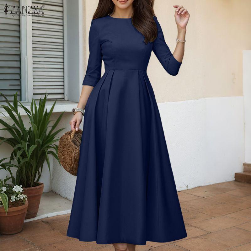 ZANZEA Women Casual Round Neck Solid Color 3/4 Sleeve Long Dress