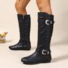 Fashion Metal Buckle Flat Single Boots Autumn New Round Toe Side Zipper Soft Sole Anti-Slip Wear-Resistant Tall Boots