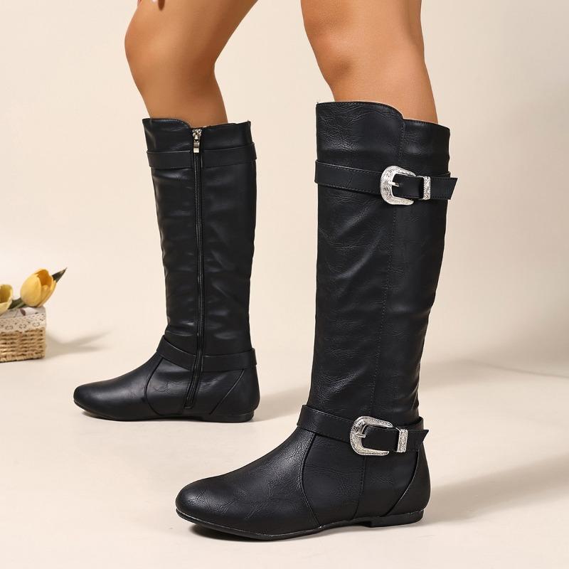 Fashion Metal Buckle Flat Single Boots Autumn New Round Toe Side Zipper Soft Sole Anti-Slip Wear-Resistant Tall Boots