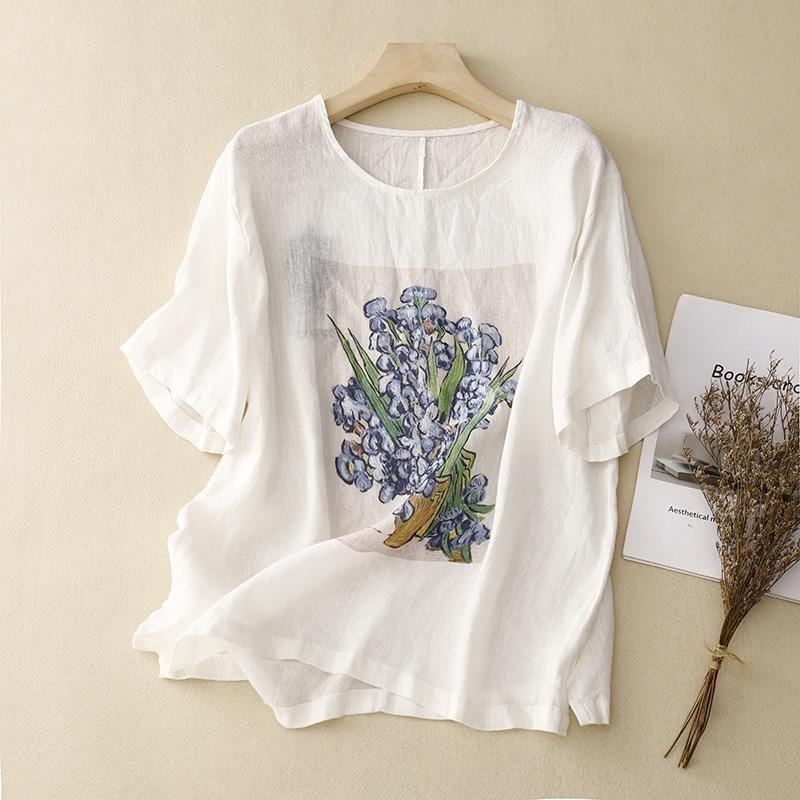 Women Round Neck Short Sleeve Van Gogh Iris Oil Painting Print Linen T-shirt M