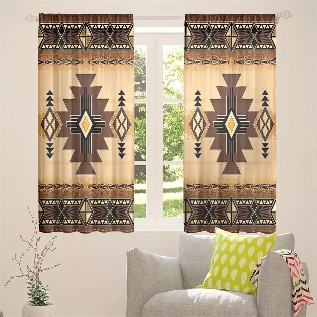 Set Of 2 Geometric Aztec Curtain Design Window Drapes Polyester Living Room Decor For Great Made With Rod Pocket