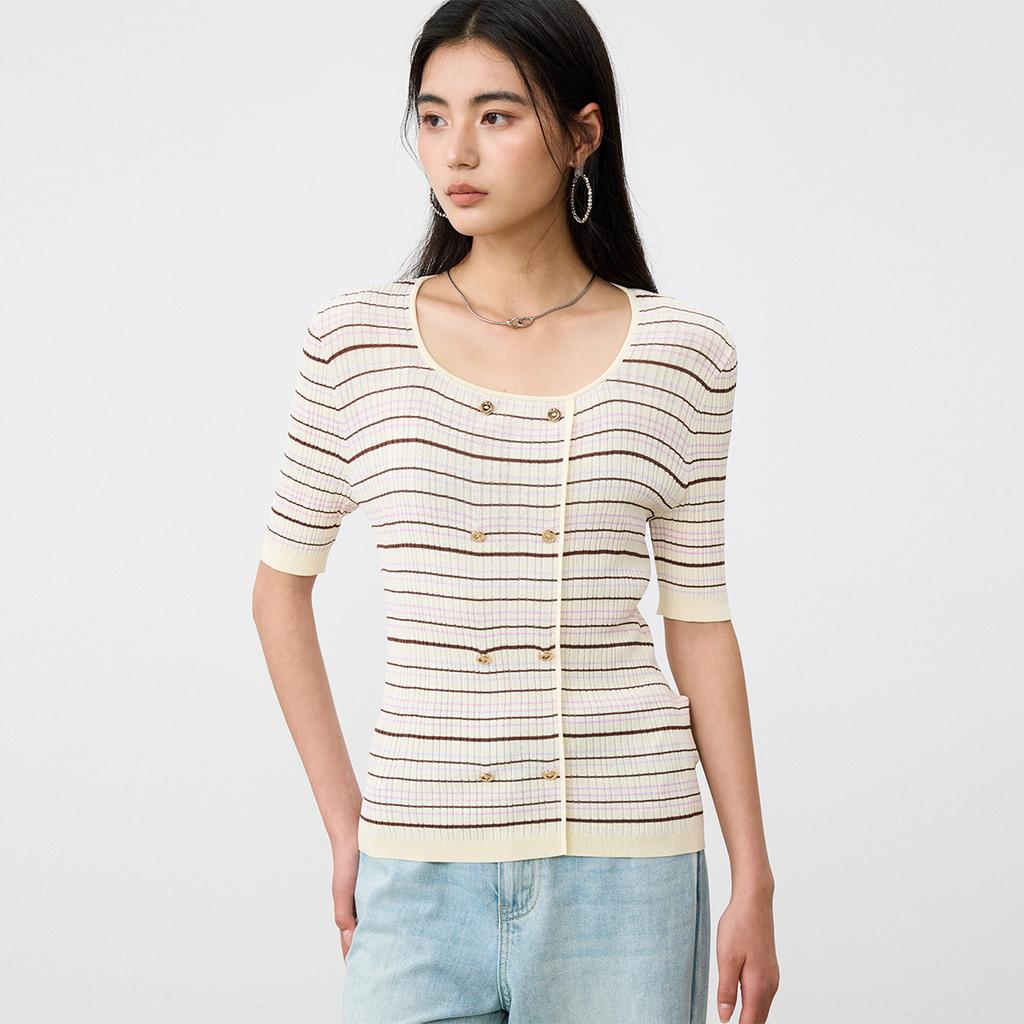 Square Collar Striped Knitted Sweater for Women In the Summer of 2026, Double Breasted Slim Fit and Slimming, Mid Sleeve Style Base Top