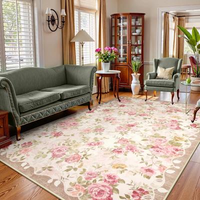 Alfombra romántica vintage floral de jardín de rosas rosa, alfombra botánica rosa suave, alfombra shabby chic para sala de estar, alfombra floral con acento para dormitorio