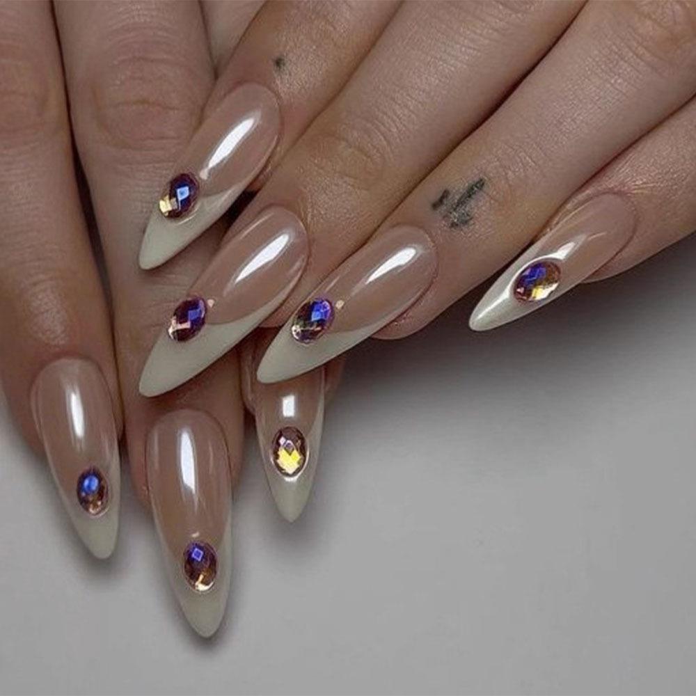 Sweet Cool French White Edge Rhinestone Press-On Nails - Removable Colorful Nail Art Stickers