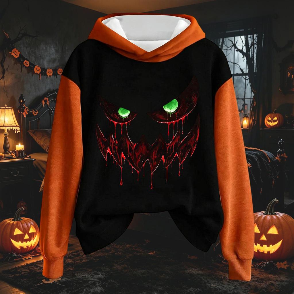 Women's Long Sleeve Pullover Hoodie Sweatshirt with Halloween Print and Drawstring