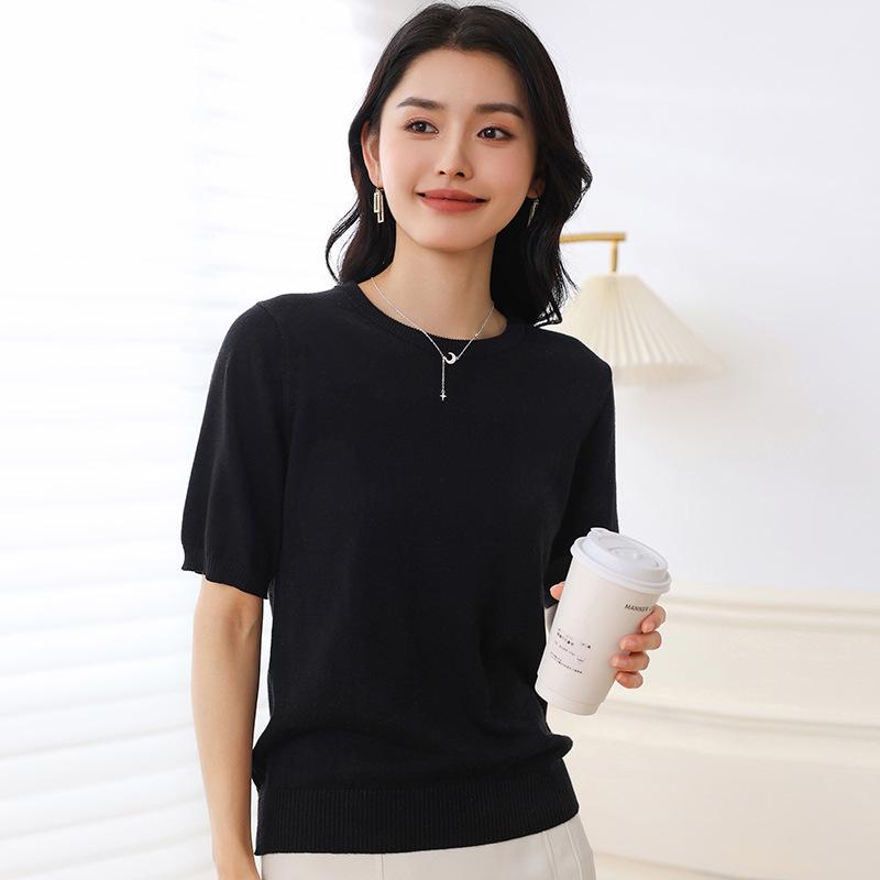 Spring Cotton Knit Short Sleeve Outerwear - Round Neck Loose Fit Solid Color Top
