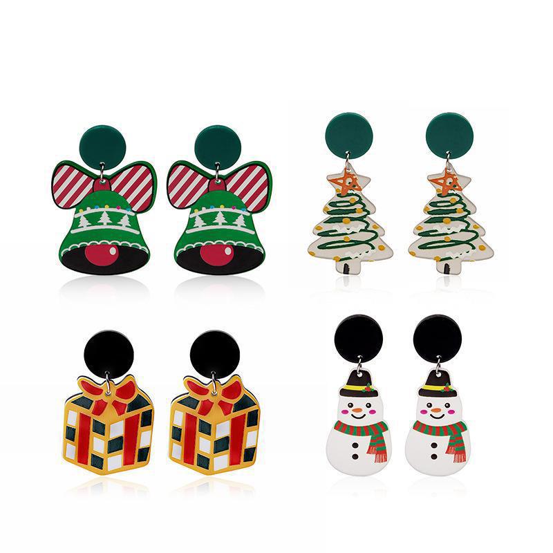 925 Sterling Silver Cartoon Christmas Earrings: Cute Bell & Snowman Acrylic Dangle Design