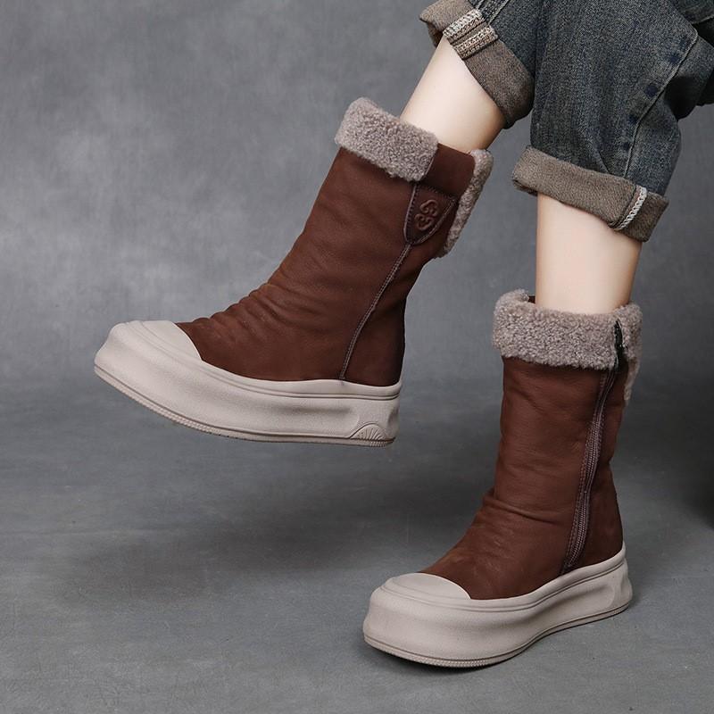 Johnature Genuine Leather Warm Plush Mid-calf Boots Casual Thick Soled Side Zipper Women's Boots