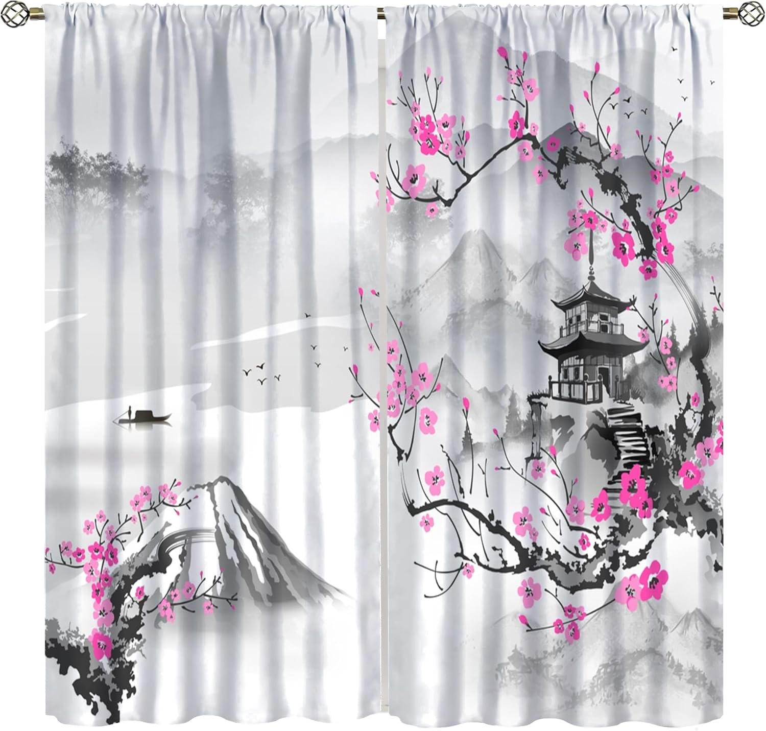 

Asian Japanese Cherry Blossom Curtains Plum Ink Landscape River Pagoda Window Treatments Drapes Boys Girls Vintage Made Of Polyester W100*H70(CM)-Hooks&2PCS