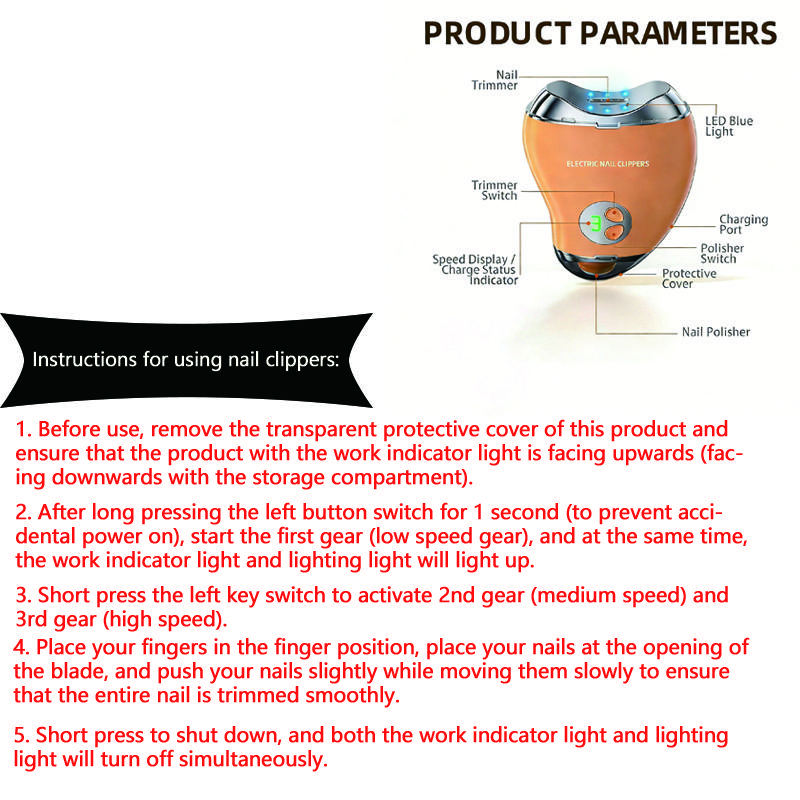 Electric Nail Polisher 3 Speed Adjustable Nail Clipper Digital Display Double Heads for Kids Adults Seniors Trimmer File