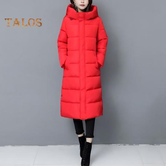 Winter Down Coat Thickened Padded Hooded Stand Collar Knee Length Pockets Zipper Closure Windproof Heat Retention Warm Daily Cold Weather Outwear