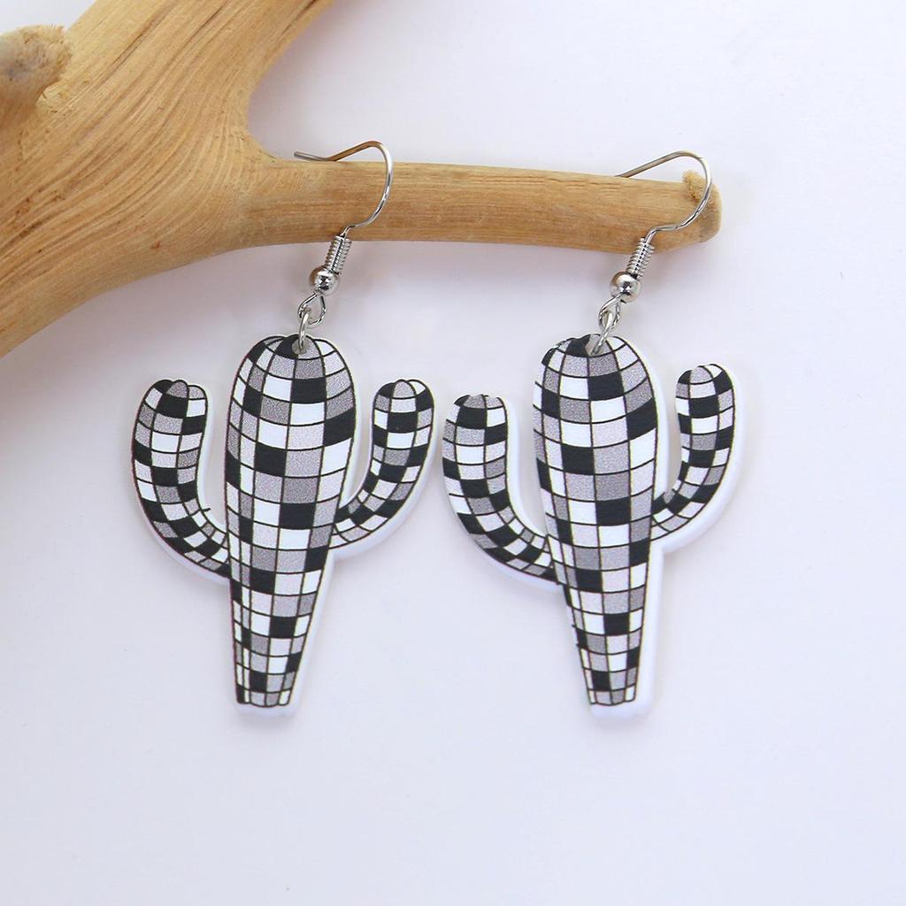 Plaid & Cow Print Acrylic Cactus Earrings for Women