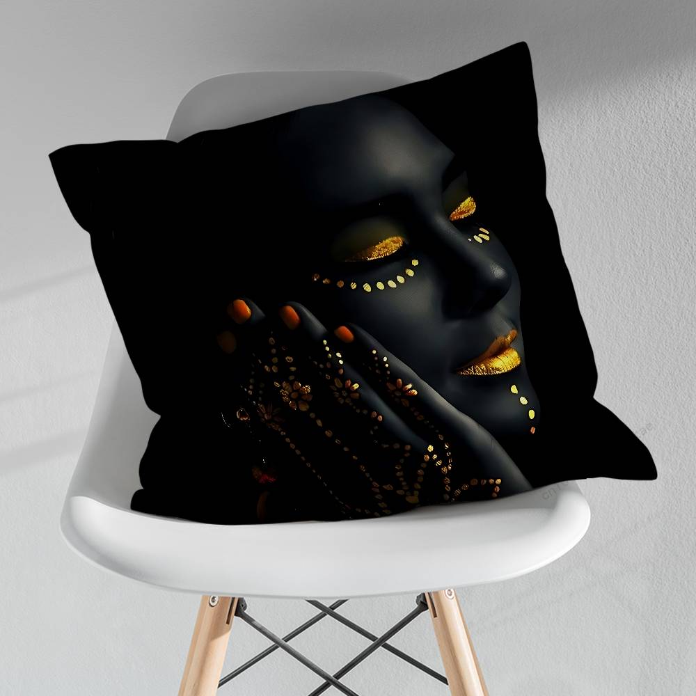 Golden Makeup Art Black Skin Throw Pillow Case Living Room Sofa Cushion Cover For Home Bedroom Decoration Protector