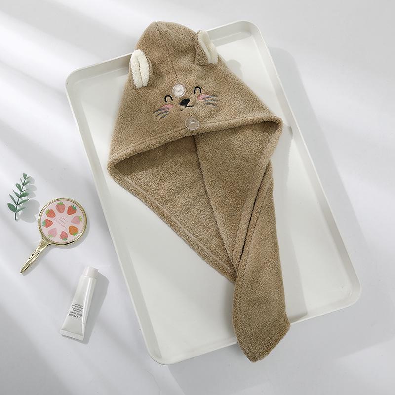 Cute Cartoon Embroidery Coral Fleece Water Absorbent Hair Cap for Women
