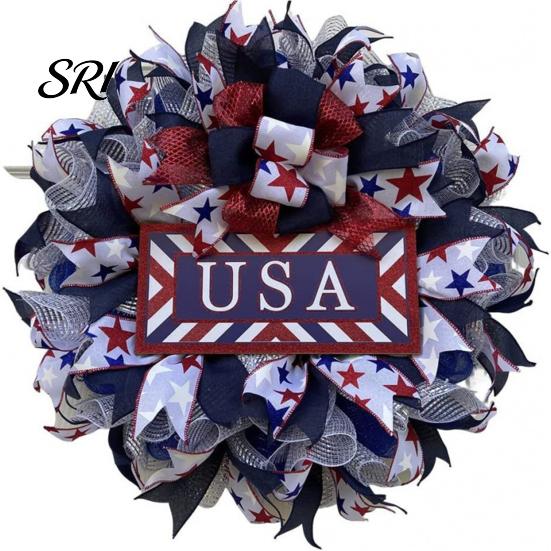 4th Of July Wreath Patriotic for Front Door Handmade of Hanger Red Reusable Holiday White Blue American Wooden Hanging Plaque Wall Porch Memorial Day