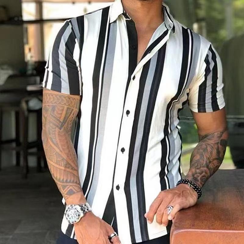 Men's Hawaiian Beach Shirt 3D Print Stripe Stitching Tee Top Casual Short Sleeve Button Holiday Shirts Mens Streetwear