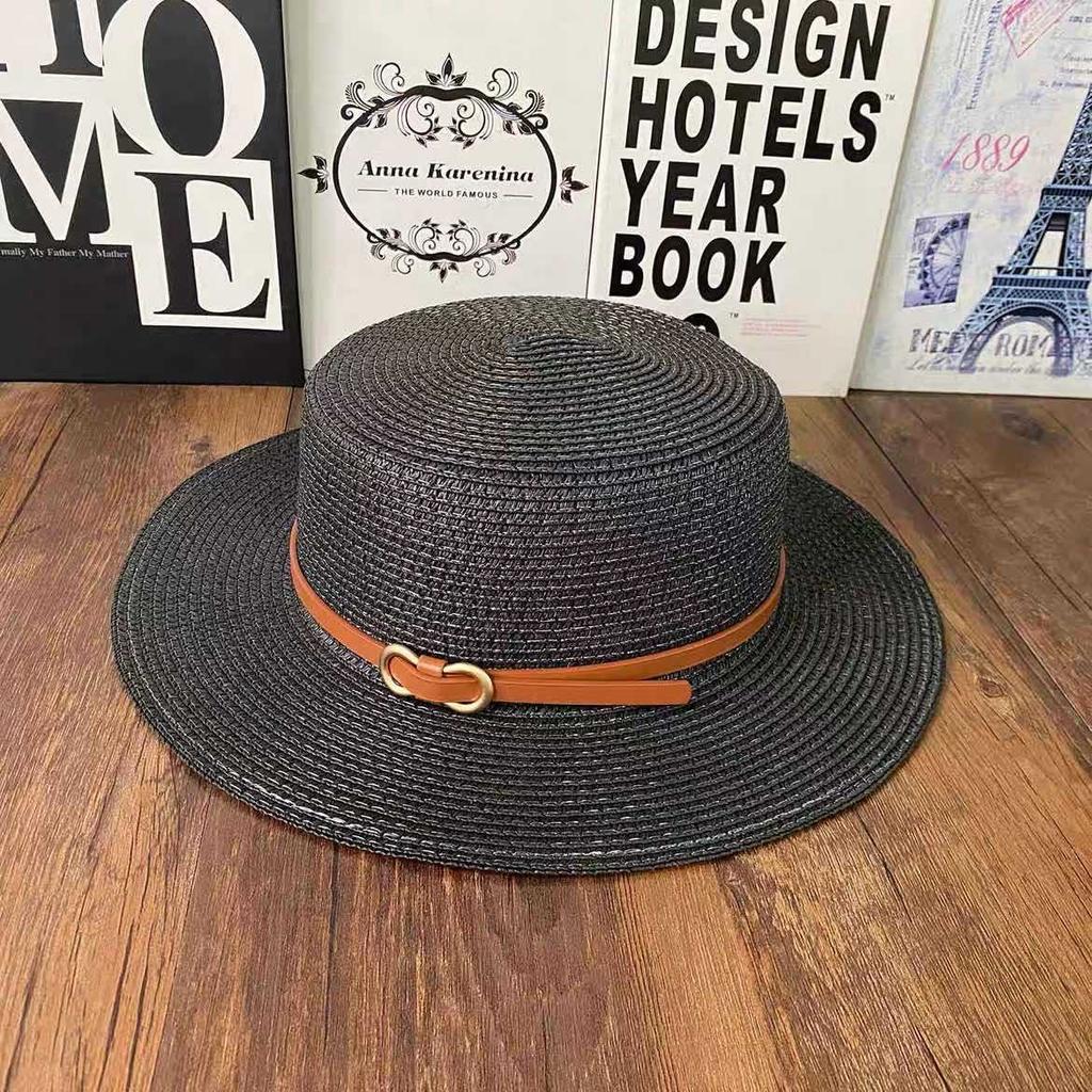 Small Fresh Flat Top Straw Hat Women's Summer Beach Sun Protection Casual Sun Hat French Fashion Temperament Belt Buckle Top Hat