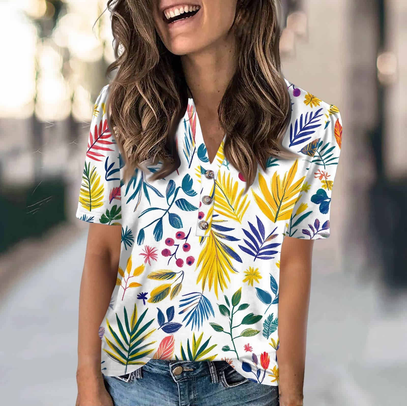 

Женская модная повседневная футболка с полосатым принтом и V-образным вырезом, коротким рукавом, на пуговицах M белый