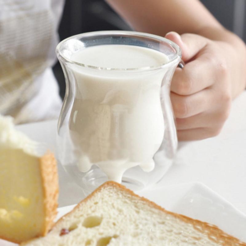 Cană de sticlă în formă de vacă, rezistentă la căldură, cu strat dublu – ceașcă transparentă pentru lapte, suc și cafea