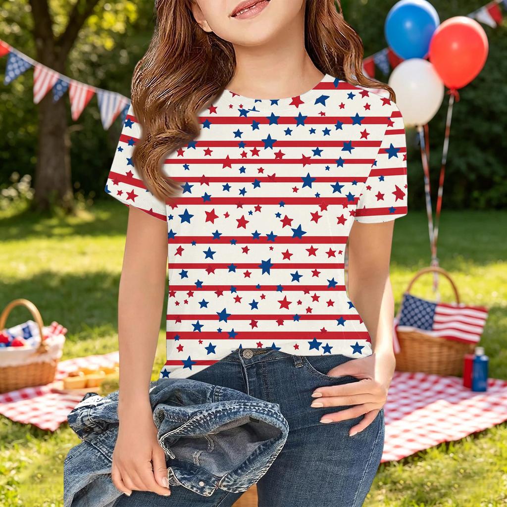 Girls Short Sleeve T Shirt Independence Day Print Casual Tee Top Lightweight Comfortable Soft Fabric Summer Shirt for Kids
